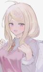  1girl :d absurdres ahoge akamatsu_kaede backpack bag blonde_hair breasts danganronpa_(series) danganronpa_v3:_killing_harmony hair_ornament hands_up highres large_breasts long_hair long_sleeves looking_at_viewer musical_note musical_note_hair_ornament open_mouth pink_sweater_vest shirt sinainaruayane smile solo sweater_vest white_shirt 