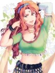 1girl barbara_(romancing_saga) breasts brown_hair curly_hair flower green_eyes lipstick long_hair looking_at_viewer makeup midriff romancing_saga saga smile solo takatsuki_(tktk_aaui)