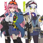  2girls absurdres assault_rifle beach black_headwear blue_jacket blue_skirt breasts brown_gloves brown_pantyhose brown_thighhighs character_name closed_mouth collared_shirt commentary dress_shirt earrings facial_mark girls_frontline gloves goggles goggles_on_head goggles_on_headwear green_eyes grey_gloves grey_hair grey_jacket grey_shirt gun h&amp;k_hk416 hair_between_eyes hair_ornament hairclip heart heart_earrings highres hk416_(girls&#039;_frontline) holding holding_gun holding_weapon hood hood_down hoodie jacket jestami jewelry long_sleeves medium_breasts multiple_girls object_hug open_clothes open_jacket pantyhose pleated_skirt puffy_long_sleeves puffy_sleeves purple_hoodie red_eyes rifle shirt sig_mcx_(girls&#039;_frontline) sig_sauer_mcx simple_background skirt thigh-highs weapon white_background 