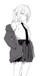  1girl collared_shirt expressionless feet_out_of_frame greyscale hair_between_eyes hands_in_pockets highres jacket jacket_partially_removed long_sleeves looking_at_viewer medium_hair monochrome necktie original ponytail shirt shirt_tucked_in simple_background skirt solo suashi 