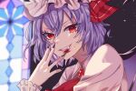  1girl black_nails blood blood_on_face fang fingernails hat highres long_sleeves mob_cap neckerchief purple_hair purple_headwear red_eyes red_neckerchief remilia_scarlet sharp_fingernails shirt short_hair solo stained_glass touhou white_shirt yumeniku 