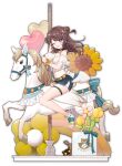  1girl :d artist_request balloon blue_eyes brown_hair carousel crop_top flower highres looking_at_viewer mahjong_soul midriff official_art riding shinomiya_fuyumi short_shorts shorts smile solo sunflower transparent_background 