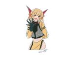  1girl armor black_gloves blonde_hair dated fang gensou_suikoden gensou_suikoden_iii gloves headgear looking_at_viewer midriff navel open_mouth sharon_(suikoden) short_hair simple_background smile solo white_background yellow_eyes 