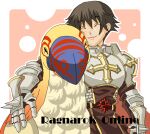  1boy animal armor bird breastplate brown_hair cape chainmail closed_eyes closed_mouth commentary_request copyright_name cowboy_shot cross gauntlets hug lord_knight_(ragnarok_online) oekaki oversized_animal pauldrons peco_peco ragnarok_online red_cape short_hair shoulder_armor smile spiked_gauntlets tabard tokixwaa upper_body 