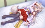  1girl animal_ear_fluff animal_ears arm_up bare_shoulders bed bell black_thighhighs blue_eyes blush closed_mouth detached_sleeves fox_ears fox_girl fox_tail full_body grey_hair hair_bell hair_between_eyes hair_ornament highres indoors iroha_(iroha_matsurika) japanese_clothes jingle_bell kimono long_hair long_sleeves looking_at_viewer lying no_shoes nontraditional_miko obi on_back on_bed original parted_bangs pillow pleated_skirt red_skirt ribbon-trimmed_legwear ribbon-trimmed_sleeves ribbon_trim sash skirt sleeveless sleeveless_kimono smile solo tabi tail thigh-highs twitter_username very_long_hair white_kimono white_sleeves wide_sleeves 