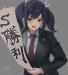  1girl alternate_costume artist_logo black_hair blazer blue_eyes collared_shirt commentary_request dress_shirt green_jacket grey_background hair_ribbon haruto_(harut_n) jacket kantai_collection long_hair necktie one-hour_drawing_challenge red_necktie ribbon school_uniform scroll shirt simple_background smile solo souryuu_(kancolle) twintails upper_body white_shirt 