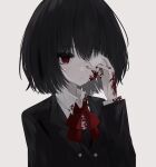  1girl absurdres another black_hair black_jacket blazer blood blood_on_clothes blood_on_face blood_on_hands bob_cut buttons closed_mouth collared_shirt crossed_bangs english_commentary expressionless eyepatch eyepatch_lift half-closed_eyes hand_on_own_face highres jacket medical_eyepatch misaki_mei neck_ribbon red_eyes red_ribbon ribbon school_uniform shirt short_hair solo upper_body white_shirt yomiyama_north_junior_high_school_uniform zi_qi_xiang 