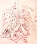  1girl angel angel_wings aya_carmine braid cat commentary_request feathered_wings feathers graphite_(medium) greyscale halo head_rest highres holding holding_feather long_hair looking_at_viewer monochrome sayonara_wo_oshiete scalpel side_braids sitting solo sugamo_mutsuki surgical_scissors table traditional_media wings 