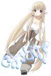  1girl absurdres alternate_costume blonde_hair brown_pants casual chii chobits copyright_name cosgaso dutch_angle full_body hair_tubes highres leaning_forward light_blush long_hair looking_at_viewer pants red_eyes robot_ears shirt simple_background solo very_long_hair white_background white_shirt 