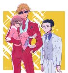  1girl 2boys ? black_hair brown_hair buddy_daddies carrying child child_carry coat collared_shirt father_and_daughter formal fur_trim hair_between_eyes hand_in_pocket highres holding kurusu_kazuki light_brown_hair multiple_boys necktie ookamirr open_clothes pink_coat pink_headwear red_suit shirt short_hair simple_background smile sparkle sparkle_background suit sunglasses suwa_rei twitter_username two-tone_background unasaka_miri undercut white_background white_suit yellow_background 