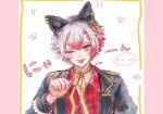  1boy akuma_shitsuji_to_kuroi_neko ammon_lead animal_ears black_jacket blush cat_ears earrings fake_animal_ears forehead_piercing jacket jewelry male_focus maruma_mekuro multicolored_background multicolored_hair multiple_earrings neck_ribbon one_eye_closed piercing pink_background pink_hair red_shirt ribbon shirt solo tongue tongue_out tongue_piercing translation_request white_background white_hair yellow_ribbon 