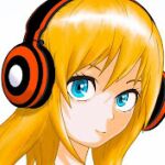  1girl aliasing artist_request blonde_hair blue_eyes character_request close-up closed_mouth copyright_request hair_between_eyes headphones long_hair nightcore_reality non-web_source orange_hair red_headphones simple_background smile source_request upper_body white_background 