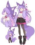  1girl :d animal_ear_fluff animal_ears belt black_footwear black_skirt blush bow bowtie byuyu cardigan chibi colored_inner_hair commission double_v fox_ears fox_girl fox_tail hair_ribbon heart indie_virtual_youtuber kasa_(hitori_sanka) layered_skirt long_hair long_sleeves looking_at_viewer multicolored_hair multiple_views one_eye_closed open_cardigan open_clothes pantyhose pink_belt pink_bow pink_bowtie pink_eyes pink_hair pink_ribbon pink_skirt purple_cardigan purple_hair ribbon shirt simple_background skeb_commission skirt smile solo tail two-tone_hair two-tone_skirt v white_background white_shirt 