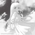  1girl album_cover clouds cosgaso cover crossed_bangs english_text frilled_sleeves frills greyscale light_blush limited_palette long_hair long_sleeves looking_at_viewer monochrome neck_ribbon original parted_lips ribbon shirt_tucked_in skirt sky solo star_(sky) white_theme 