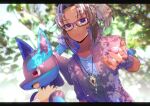  1boy :d blue_shirt blurry blurry_background brown-framed_eyewear brown_gloves brown_hair brown_jacket character_request closed_mouth collarbone commentary_request commission day depth_of_field fang fingerless_gloves glasses gloves grey_eyes holding holding_poke_ball indie_virtual_youtuber jacket kou_hiyoyo letterboxed lucario male_focus open_clothes open_jacket outdoors parted_bangs poke_ball poke_ball_(basic) pokemon pokemon_(creature) ponytail profile red_eyes shirt short_sleeves skeb_commission smile upper_body virtual_youtuber 