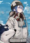  1girl absurdres animal beanie blue_hair closed_mouth coat dog expressionless eyes_visible_through_hair hair_over_one_eye hands_in_pockets hat highres leadin_the_sky looking_ahead outdoors scarf shima_rin short_hair sketch sky solo standing violet_eyes white_coat yurucamp 