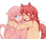  2girls animal_ears blue_eyes blush bocchi_the_rock! brown_jacket cat_ears cat_tail closed_eyes commentary_request dog_ears dog_tail gotou_hitori highres hug jacket kemonomimi_mode kita_ikuyo long_hair mimmf multiple_girls one_eye_closed open_mouth pink_hair pink_jacket redhead simple_background smile tail track_jacket upper_body white_background yuri 