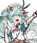  1girl aburi_iwashi aqua_eyes aqua_hair arm_up commentary double_bun food food-themed_hair_ornament hair_bun hair_ornament hatsune_miku headdress highres holding holding_food holding_spring_onion holding_vegetable ikura_(food) long_hair looking_at_viewer multicolored_hair neckerchief open_mouth outstretched_arm red_neckerchief scallop shirt short_sleeves sketch smile solo spring_onion streaked_hair twintails upper_body vegetable very_long_hair vocaloid wavy_hair white_hair white_shirt yuki_miku 