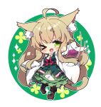  &gt;_o 1girl ;d absurdres ahoge animal_ear_fluff animal_ears boots breasts brown_footwear brown_hair cat_ears cat_girl cat_tail chibi commentary_request commission dress erlenmeyer_flask flask floral_background full_body green_background green_dress green_eyes highres labcoat long_hair long_sleeves medium_breasts milkpanda motion_lines one_eye_closed open_clothes original short_eyebrows skeb_commission sleeves_past_fingers sleeves_past_wrists smile solo standing standing_on_one_leg sweater tail thick_eyebrows turtleneck turtleneck_sweater two-tone_background very_long_hair white_background white_sweater 