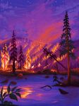  burning clouds commentary english_commentary fire forest hill jubilee_(8px) nature night night_sky no_humans original outdoors pixel_art plant rock scenery sky smoke star_(sky) tree water wildfire 