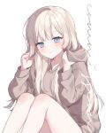  1girl blonde_hair blush brown_hoodie commission feet_out_of_frame hands_up highres hood hood_down hoodie knees_up long_hair long_sleeves moffle_(ayabi) original parted_lips puffy_long_sleeves puffy_sleeves simple_background sitting solo very_long_hair white_background 