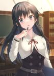  1girl ? asashio_(kancolle) asashio_kai_ni_(kancolle) belt black_dress black_hair blurry blurry_background blush bookshelf dress grey_belt grey_eyes highres holding holding_pen indoors kanden_sky kantai_collection long_hair long_sleeves open_mouth pen red_ribbon ribbon sidelocks solo upper_body 