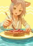  1girl animal_ears buttons cat_ears cat_girl fangs female_child fish_hair_ornament food fork green_eyes grey_hair hair_ornament highres holding holding_fork long_sleeves medium_hair open_mouth original plate shirt solo striped striped_shirt teeth tunapon01 white_shirt yellow_background 