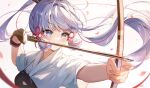  1girl absurdres archery archery_shooting_glove arrow_(projectile) blue_eyes bow_(weapon) drawing_bow floating_hair flower_knot genshin_impact gloves grey_hair hair_ribbon highres holding holding_arrow holding_bow_(weapon) holding_weapon kamisato_ayaka kokonex kyuudou long_hair muneate partially_fingerless_gloves petals ribbon short_sleeves simple_background single_glove solo tress_ribbon weapon wind yugake 