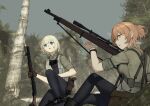  2girls absurdres blonde_hair blue_eyes bolt_action breasts brown_gloves brown_hair call_of_duty call_of_duty:_world_at_war day forest girls_frontline gloves green_eyes green_shirt gun hair_between_eyes hair_bun highres holding holding_gun holding_weapon large_breasts long_hair m1897_(girls&#039;_frontline) m1903_springfield macayase military military_uniform multiple_girls nature open_mouth outdoors palm_tree pump_action rifle scope shirt short_hair short_sleeves shotgun springfield_(girls&#039;_frontline) tree uniform weapon winchester_model_1897 world_war_ii 
