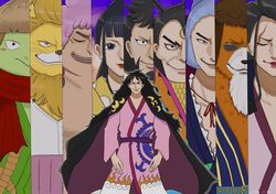  absurdres ashura_doji black_hair blue_hair closed_mouth denjirou_(one_piece) eyewear_on_head highres inuarashi_(one_piece) izou_(one_piece) kawamatsu kikunojo_(one_piece) kinemon long_hair medium_hair momonosuke_(one_piece) nekomamushi obentoubakochan one_piece orange_hair pink_hair raizo_(one_piece) scar scar_across_eye short_hair smile sunglasses 