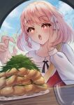  1girl :o blurry braid depth_of_field doiparuni fire_emblem fire_emblem_engage glass hair_ribbon hairband hand_on_own_cheek hand_on_own_face highres lapis_(fire_emblem) long_sleeves looking_at_food open_mouth pink_eyes pink_hair potato red_hairband ribbon shirt short_hair side_braid solo star-shaped_pupils star_(symbol) symbol-shaped_pupils two-tone_hairband white_ribbon white_shirt 