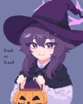  1girl basket black_cape blue_archive blush bsm_(nerdmin) cape closed_mouth commentary hair_between_eyes halloween halloween_costume halo haruka_(blue_archive) hat jack-o&#039;-lantern long_hair long_sleeves pixel_art purple_background purple_hair purple_halo purple_headwear simple_background smile solo trick_or_treat upper_body violet_eyes witch_hat 