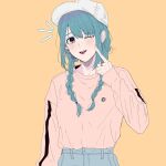  1girl 34fa11inlove :p alternate_costume arm_at_side baseball_cap blue_hair blue_pants blush braid buttons earrings finger_to_cheek hat head_tilt heart heart_earrings highres jewelry kasane_ao long_sleeves magia_record:_mahou_shoujo_madoka_magica_gaiden mahou_shoujo_madoka_magica notice_lines one_eye_closed pants pink_shirt ring shirt sidelocks solo swept_bangs teeth tongue tongue_out twin_braids upper_body upper_teeth_only violet_eyes white_headwear yellow_background 