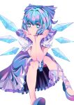  1girl absurdres blue_bow blue_dress blue_eyes blue_footwear blue_hair bow cirno closed_mouth detached_wings dress foot_out_of_frame frilled_dress frilled_sleeves frills hair_bow hands_on_own_chin head_rest highres kinosuke_(pixiv11213139) no_socks pinafore_dress puffy_short_sleeves puffy_sleeves shirt short_hair short_sleeves simple_background solo symbol-shaped_pupils touhou white_background white_shirt wings 