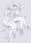  2girls ankle_socks blazer blush bow bowtie collared_shirt crossed_legs double_v from_above from_side highres jacket kneehighs loafers long_hair looking_at_viewer looking_away monochrome multiple_girls necktie open_clothes open_jacket original pleated_skirt school_uniform shirt shoes sitting skirt smile sneakers socks sottan_(wowo0owow) sweater sweater_vest v 