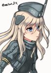  1girl black_bodysuit blonde_hair blue_eyes bodysuit cropped_jacket garrison_cap grey_jacket hat headgear highres jacket kantai_collection long_hair maakun_(makun_dx) one-hour_drawing_challenge parted_lips simple_background snorkel solo twitter_username u-511_(kancolle) upper_body wetsuit white_background 