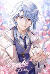  1boy aguaaaaa4 blue_flower blue_hair blue_necktie bow buttons character_name cherry_blossoms collared_jacket collared_shirt dated fingernails flower genshin_impact hair_between_eyes hair_bow hands_up highres holding holding_flower jacket kamisato_ayato long_sleeves looking_at_viewer male_focus medium_hair mole mole_under_mouth nail_polish necktie open_clothes open_jacket outdoors own_hands_together petals pink_flower pink_nails purple_bow purple_vest shirt sky smile solo sparkle standing teeth vest violet_eyes white_flower white_jacket white_shirt white_sky wing_collar 