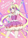  1girl ahoge aikatsu!_(series) aikatsu_planet! blonde_hair copyright_name hana_(aikatsu_planet!) hand_on_own_hip multicolored_hair onomekaman otoha_mao pink_eyes pink_hair pink_nails ponytail puffy_short_sleeves puffy_sleeves short_sleeves smile solo streaked_hair wrist_cuffs 