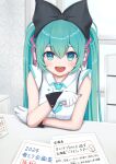  1girl aqua_eyes aqua_hair aqua_necktie black_bow bow cable calendar_(object) commentary crossed_arms gloves hair_bow hatsune_miku headphones highres holding holding_pen indoors leaning_forward light_blush long_hair looking_at_viewer magical_mirai_(vocaloid) magical_mirai_miku magical_mirai_miku_(2016) necktie nekoinu_bamboo paper pen shirt short_necktie sitting sleeveless sleeveless_shirt smile solo twintails upper_body very_long_hair vocaloid white_gloves white_shirt window 