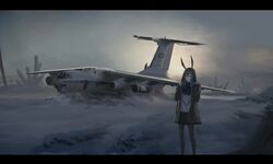  1girl aircraft airplane amiya_(arknights) animal_ears arknights blue_eyes brown_hair highres hood ilyushin_il-76 jacket long_hair mirroraptor pantyhose plaid plaid_skirt rabbit_ears russia scenery skirt snow solo vehicle_focus wreckage 