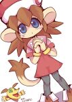  1boy 1girl animal_ears blue_eyes blush brown_hair dress furry furry_female highres kaze_no_klonoa lolo_(klonoa) looking_at_viewer monkey_ears monkey_tail noda_ryo own_hands_together pink_dress pink_headwear popka simple_background tail white_background 