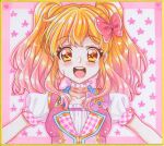  1girl aikatsu!_(series) aikatsu_stars! blonde_hair blush bow choker gradient_hair hair_bow highres long_hair multicolored_hair nijino_yume open_mouth pink_bow pink_hair plaid puffy_short_sleeves puffy_sleeves shirato_sayuri short_sleeves sidelocks smile solo traditional_media twintails yellow_eyes 