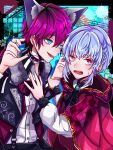  2boys absurdres akuma_shitsuji_to_kuroi_neko androgynous animal_ears big_bad_wolf big_bad_wolf_(cosplay) blue_eyes blue_hair blush braid cosplay flure_garcia highres lato_bacca light_blue_hair little_red_riding_hood_(grimm) little_red_riding_hood_(grimm)_(cosplay) long_hair looking_at_another looking_to_the_side manoco_cos multicolored_eyes multiple_boys pink_eyes pink_hair short_hair wolf_boy wolf_ears 