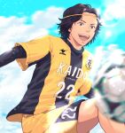  1boy :d ao_ashi black_hair blurry clouds day headband ika_choco jersey long_sleeves male_focus nakamura_taira outdoors short_hair shorts smile soccer_uniform solo sportswear standing yellow_headband 