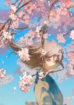  1girl absurdres blue_sky branch brown_hair champi cherry_blossoms falling_petals flower hair_between_eyes highres long_hair looking_at_viewer open_mouth original parted_lips petals pink_eyes pink_flower sky solo upper_body wind 