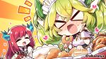 &gt;_&lt; 2girls akaneya apron blue_horns blush breasts cake chibi commission doughnut dragon_girl dragon_horns dragon_tail dress duel_monster eating food green_hair green_horns horns kitchen_dragonmaid lace-trimmed_apron lace_trim large_breasts long_hair long_sleeves maid maid_apron maid_headdress multiple_girls open_mouth pancake parlor_dragonmaid puffy_sleeves redhead short_sleeves skeb_commission tail yu-gi-oh! 