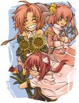  2000s_(style) 3girls ahoge animal_ears bell blacksmith_(ragnarok_online) blue_tulip blush closed_eyes closed_mouth coat commentary_request cross dog_ears dress flower glasses grin hair_bell hair_ornament hair_stick high_priest_(ragnarok_online) jingle_bell juliet_sleeves long_hair long_sleeves medium_hair minorigo_flow monk_(ragnarok_online) multiple_girls open_mouth parted_bangs pince-nez pink_dress pink_eyes pink_hair ponytail puffy_sleeves ragnarok_online red_dress red_eyes red_flower red_tulip redhead short_sleeves smile sunflower tulip two-tone_dress upper_body white_coat yellow_flower yellow_tulip 