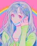  1girl absurdres blue_hair hair_ornament hairclip hand_on_own_face hand_up highres light_blue_hair long_hair long_sleeves looking_at_viewer mask mask_pull mouth_mask nail_polish original pink_background portrait rainbow solo sottan_(wowo0owow) surgical_mask violet_eyes 