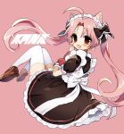  1girl :d ahoge animal_ears apron artist_name black_bow black_dress blush_stickers bow brown_footwear dress fang floating frilled_bow frilled_dress frills full_body kmnk_(kumanuko) looking_at_viewer maid maid_apron maid_headdress original pink_background pink_hair red_eyes short_sleeves skin_fang smile solo thigh-highs twintails white_thighhighs 