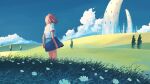  1girl brown_hair building clouds daisy day facing_away fantasy flower grass highres hill original outdoors pleated_skirt shirt shirt_tucked_in short_hair skirt sky solo standing taizo4282 tree white_shirt 